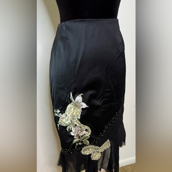 Adrianna Papell black satin and gauze asymmetrical embroidered beaded skirt 10 - Picture 11 of 12
